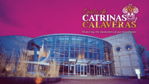 The Cable Center with a vibrant pink sky, featuring the 2024 Gala de Calaveras y Catrinas logo.